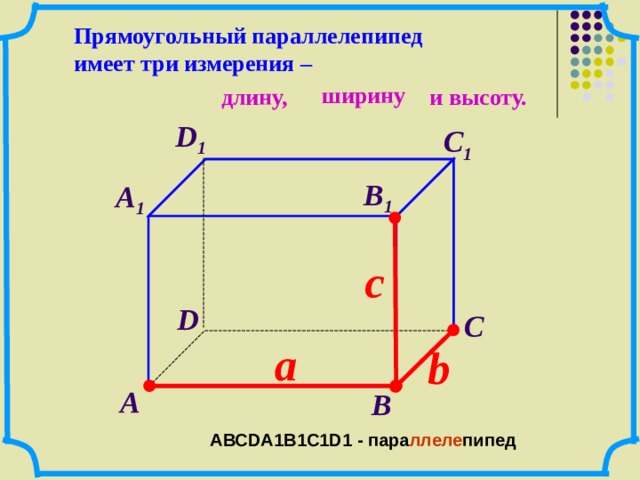 Прямоугольный параллелепипед имеет три измерения – ширину длину, и высоту. D 1  С 1  В 1  А 1  c  D  С  а   b   А  В  АВС D А 1 В 1 С 1D1 - пара ллеле пипед 12 