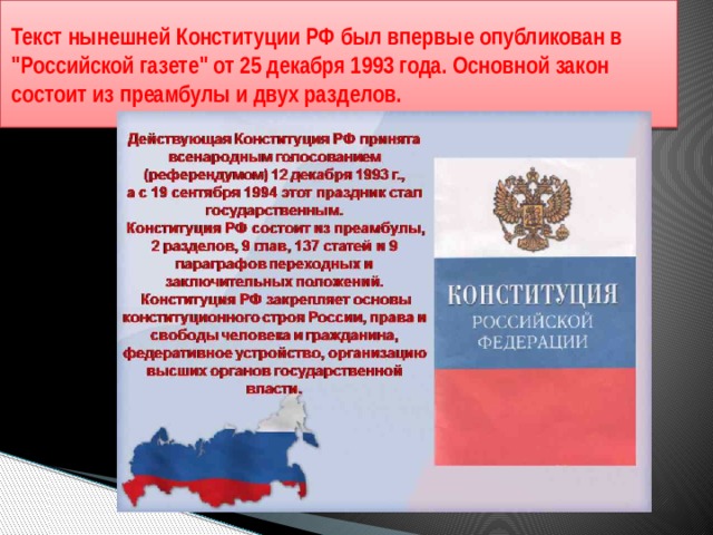 Текст нынешней Конституции РФ был впервые опубликован в 