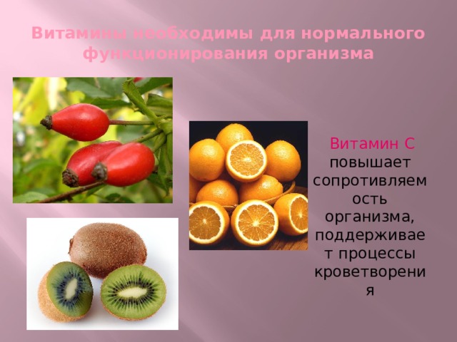 Витамины необходимы для нормального функционирования организма  Витамин С повышает сопротивляемость организма, поддерживает процессы кроветворения 