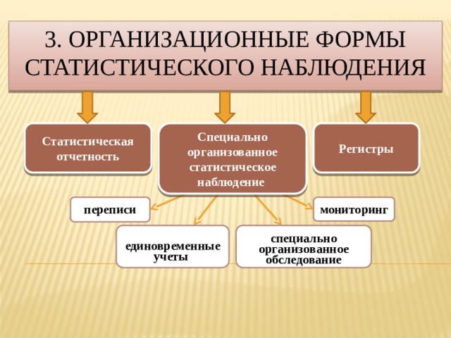 3. Организационные формы статистического наблюдения Статистическая отчетность Специально организованное статистическое наблюдение Регистры переписи мониторинг  специально организованное обследование единовременные учеты 9 