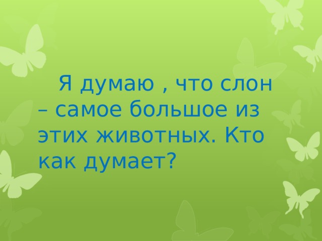  Я думаю , что слон – самое большое из этих животных. Кто как думает? 