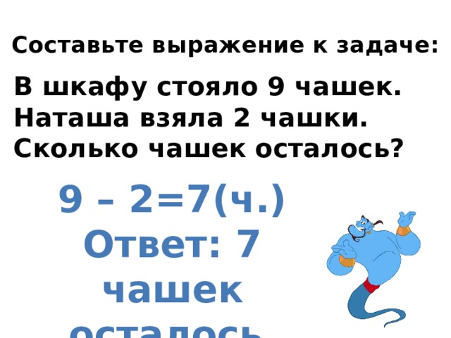 Составьте выражение к задаче: В шкафу стояло 9 чашек. Наташа взяла 2 чашки. Сколько чашек осталось? 9 – 2=7(ч.) Ответ: 7 чашек осталось 