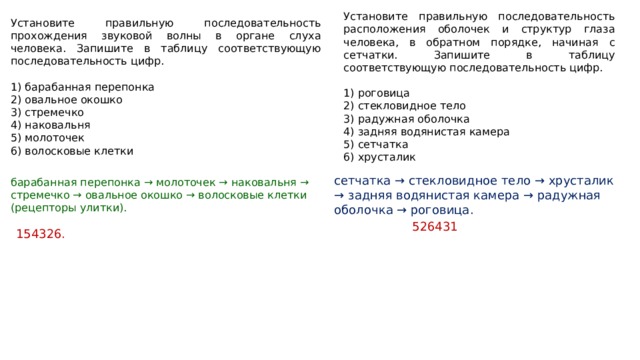 Установите правильную последовательность расположения оболочек и структур глаза человека, в обратном порядке, начиная с сетчатки. Запишите в таблицу соответствующую последовательность цифр.   1) роговица 2) стекловидное тело 3) радужная оболочка 4) задняя водянистая камера 5) сетчатка 6) хрусталик Установите правильную последовательность прохождения звуковой волны в органе слуха человека. Запишите в таблицу соответствующую последовательность цифр.   1) барабанная перепонка 2) овальное окошко 3) стремечко 4) наковальня 5) молоточек 6) волосковые клетки сетчатка → стекловидное тело → хрусталик → задняя водянистая камера → радужная оболочка → роговица. барабанная перепонка → молоточек → наковальня → стремечко → овальное окошко → волосковые клетки (рецепторы улитки). 526431 154326. 