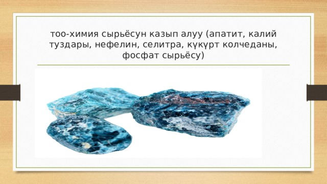 тоо-химия сырьёсун казып алуу (апатит, калий туздары, нефелин, селитра, күкүрт колчеданы, фосфат сырьёсу) 