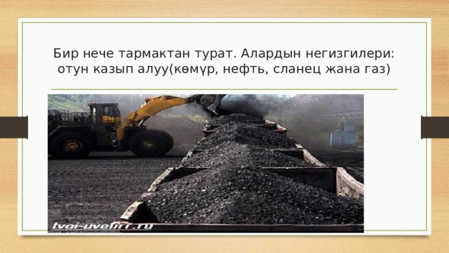 Бир нече тармактан турат. Алардын негизгилери: отун казып алуу(көмүр, нефть, сланец жана газ) 