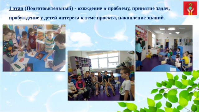 1 этап  (Подготовительный) - вхождение в проблему, принятие задач, пробуждение у детей интереса к теме проекта, накопление знаний . 