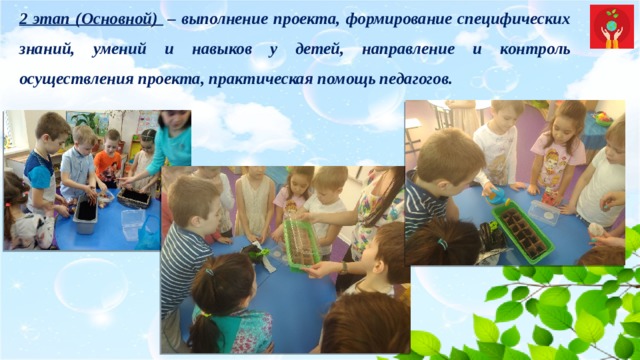 2 этап (Основной)  – выполнение проекта, формирование специфических знаний, умений и навыков у детей, направление и контроль осуществления проекта, практическая помощь педагогов. 