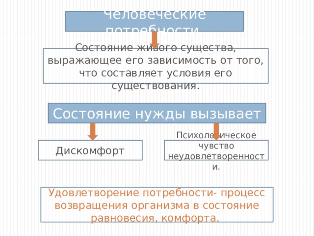 Человеческие потребности. Состояние живого существа, выражающее его зависимость от того, что составляет условия его существования. Состояние нужды вызывает Дискомфорт Психологическое чувство неудовлетворенности. Удовлетворение потребности- процесс возвращения организма в состояние равновесия, комфорта. 