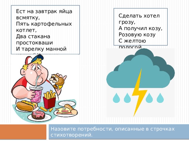          С.Михалков Ест на завтрак яйца всмятку, Пять картофельных котлет, Два стакана простокваши И тарелку манной каши- Каша тоже не во вред!       Сделать хотел грозу, А получил козу, Розовую козу С желтою полосой  Л.Дербенев Назовите потребности, описанные в строчках стихотворений. 