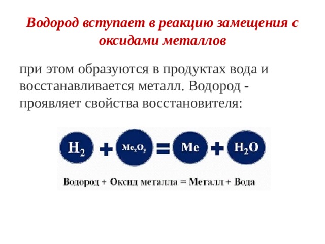 Водород вступает в реакцию замещения с. Водород вступает в реакцию с. Водород с металлами. Водород с оксидами металлов. Водород вступает в реакцию с водой.