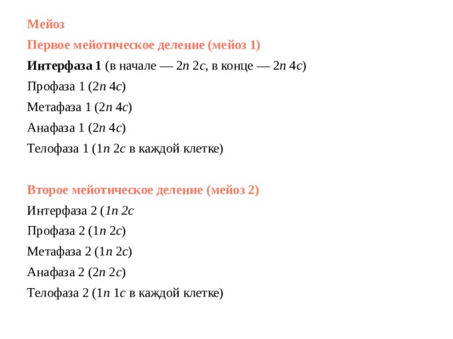 Мейоз Первое мейотическое деление (мейоз 1)   Интерфаза 1  (в начале — 2 n  2 c , в конце — 2 n  4 c ) Профаза 1 (2 n  4 c ) Метафаза 1 (2 n  4 c ) Анафаза 1 (2 n  4 c ) Телофаза 1 (1 n  2 c  в каждой клетке)   Второе мейотическое деление (мейоз 2)   Интерфаза 2 ( 1n 2c Профаза 2 (1 n  2 c ) Метафаза 2 (1 n  2 c ) Анафаза 2 (2 n  2 с ) Телофаза 2 (1 n  1 c  в каждой клетке) 