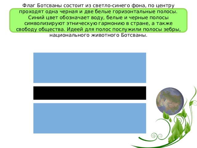 Флаг Ботсваны состоит из светло-синего фона, по центру проходят одна черная и две белые горизонтальные полосы. Синий цвет обозначает воду, белые и черные полосы символизируют этническую гармонию в стране, а также свободу общества. Идеей для полос послужили полосы зебры, национального животного Ботсваны.     