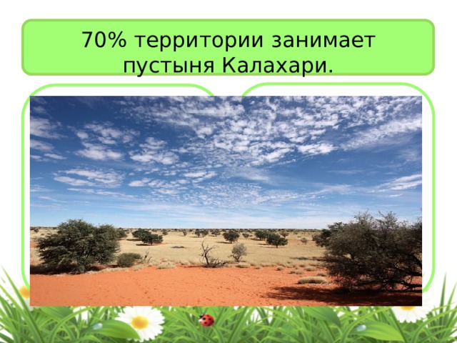 70% территории занимает  пустыня Калахари. 