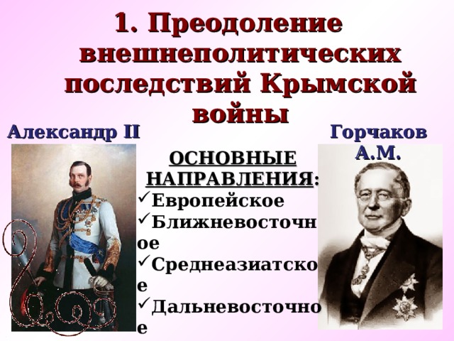 1. Преодоление внешнеполитических последствий Крымской войны Александр II Горчаков А.М. ОСНОВНЫЕ НАПРАВЛЕНИЯ : Европейское Ближневосточное Среднеазиатское Дальневосточное   