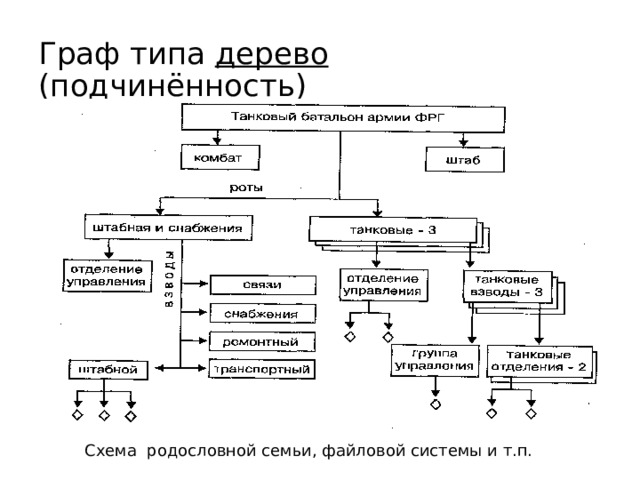 Граф типа дерево (подчинённость) Схема родословной семьи, файловой системы и т.п. 