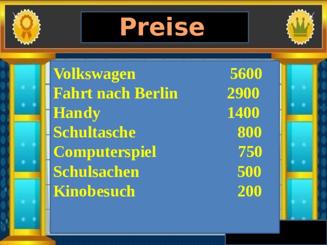 Preise Volkswagen 5600 Fahrt nach Berlin 2900 Handy 1400 Schultasche 800 Computerspiel 750 Schulsachen 500 Kinobesuch 200    