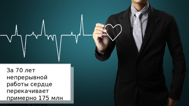 За 70 лет непрерывной работы сердце перекачивает примерно 175 млн литров крови. 