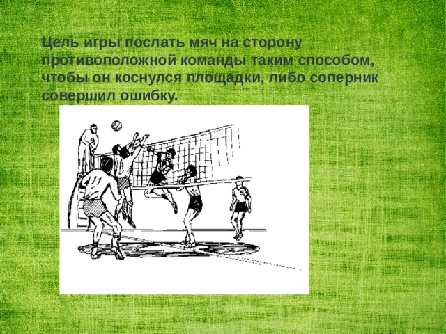 Цель игры послать мяч на сторону противоположной команды таким способом, чтобы он коснулся площадки, либо соперник совершил ошибку. 