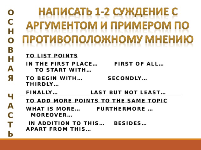 О С Н О В Н А Я  Ч А С Т Ь  To list points In the first place… First of all… To start with… To begin with… Secondly… Thirdly… Finally… Last but not least… To add more points to the same topic What is more… Furthermore … Moreover…  In addition to this… Besides… Apart from this…         