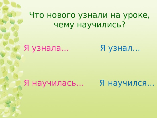 Что нового узнали на уроке, чему научились? Я узнала… Я узнал… Я научилась… Я научился…