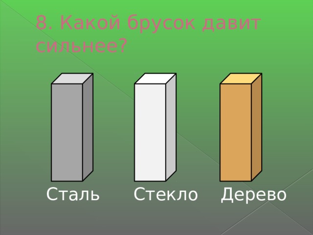 Площади опоры брусков одинаковы какой из них давит на стол меньше всего