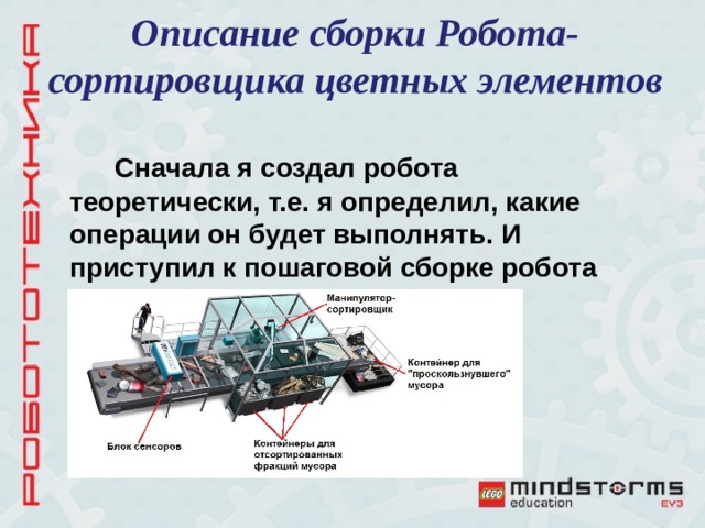 Описание сборки Робота-сортировщика цветных элементов  Сначала я создал робота теоретически, т.е. я определил, какие операции он будет выполнять. И приступил к пошаговой сборке робота  