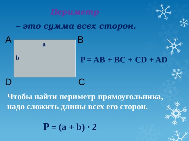 Периметр – это сумма всех сторон. А B a b P = AB + BC + CD + AD C D Чтобы найти периметр прямоугольника, надо сложить длины всех его сторон.   P = (a + b) · 2 