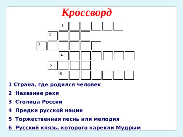 Кроссворд 1 Страна, где родился человек 2 Название реки 3 Столица России 4 Предки русской нации 5 Торжественная песнь или мелодия 6 Русский князь, которого нарекли Мудрым 