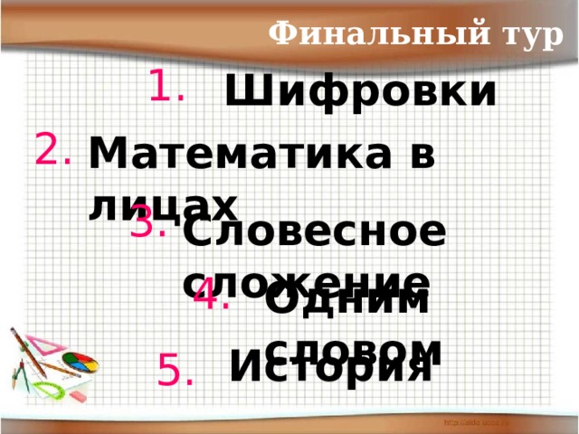 Финальный тур 1. Шифровки   2. Математика в лицах 3. Словесное сложение 4. Одним словом История 5. 