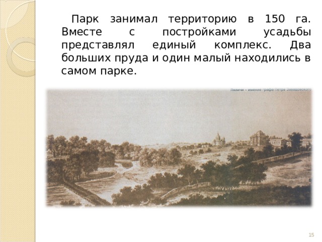 Парк занимал территорию в 150 га. Вместе с постройками усадьбы представлял единый комплекс. Два больших пруда и один малый находились в самом парке.  
