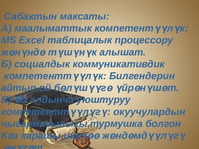  Сабактын максаты: А) маалыматтык компетентүүлүк: MS Excel таблицалык процессору жөнүндө түшүнүк алышат. Б) социалдык коммуникативдик  компетенттүүлүк: Билгендерин айтып,ой бөлүшүүгө үйрөнүшөт. В) Өз алдынча уюштуруу компетенттүүлүгү: окуучулардын чыгармачылыгы,турмушка болгон Көз карашы,иштөө жөндөмдүүлүгү  өнүгөт  