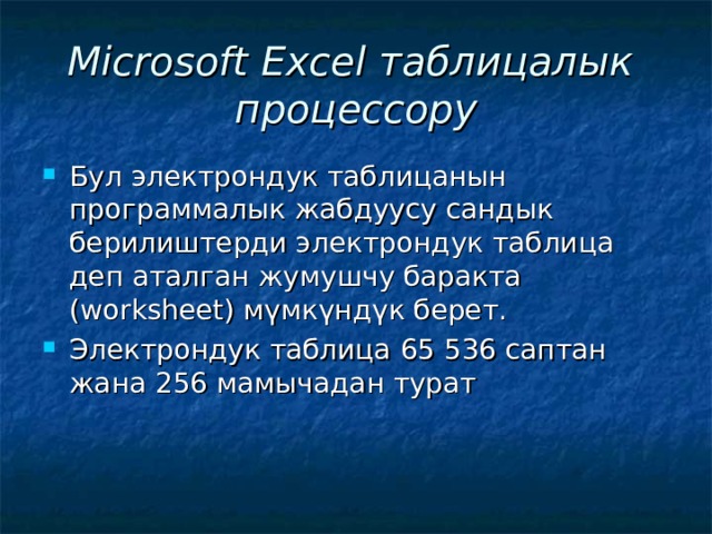 Microsoft Excel таблицалык  процессору Бул электрондук таблицанын программалык жабдуусу сандык берилиштерди электрондук таблица деп аталган жумушчу баракта ( worksheet) мүмкүндүк берет. Электрондук таблица 65 536 саптан жана 256 мамычадан турат 
