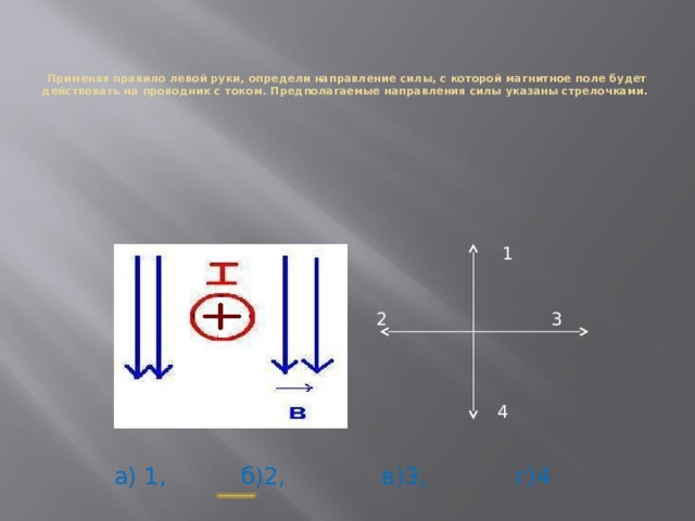    Применяя правило левой руки, определи направление силы, с которой магнитное поле будет действовать на проводник с током. Предполагаемые направления силы указаны стрелочками. 1 2 3 4 а) 1, б)2, в)3, г)4 