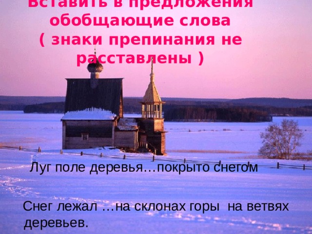 Вставить в предложения обобщающие слова  ( знаки препинания не расставлены )  Луг поле деревья…покрыто снегом  Снег лежал …на склонах горы на ветвях деревьев. 