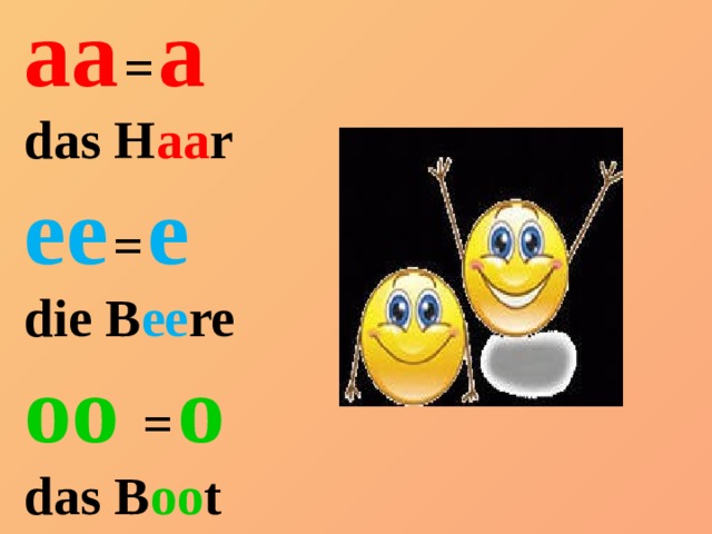 aa  =  a das H aa r ee  =  e die B ee re oo  =  o das B oo t 