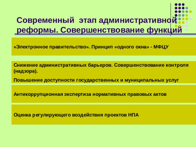 Современный этап административной реформы. Совершенствование функций «Электронное правительство». Принцип «одного окна» - МФЦУ  Снижение административных барьеров. Совершенствование контроля (надзора). Повышение доступности государственных и муниципальных услуг  Антикоррупционная экспертиза нормативных правовых актов Оценка регулирующего воздействия проектов НПА 