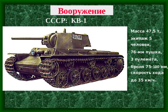 Вооружение СССР: КВ-1 Масса 47,5 т, экипаж 5 человек, 76-мм пушка, 3 пулемёта, броня 75- 100 мм, скорость хода до 35 км/ч. 