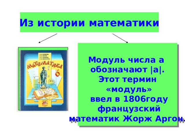 Из истории математики  Модуль числа а обозначают |а|. Этот термин  «модуль»  ввел в 1806году  французский математик Жорж Аргон. 