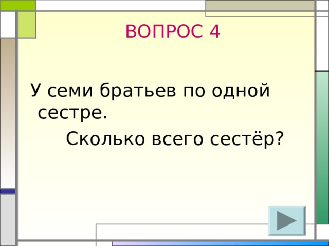 ВОПРОС 4  У семи братьев по одной сестре.  Сколько всего сестёр? 