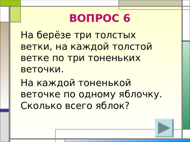 ВОПРОС 6 На берёзе три толстых ветки, на каждой толстой ветке по три тоненьких веточки. На каждой тоненькой веточке по одному яблочку. Сколько всего яблок? 