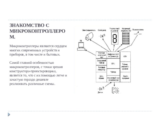 ЗНАКОМСТВО С МИКРОКОНТРОЛЛЕРОМ.   Микроконтроллеры являются сердцем многих современных устройств и приборов, в том числе и бытовых.   Самой главной особенностью микроконтроллеров, с точки зрения конструктора-проектировщика, является то, что с их помощью легче и зачастую гораздо дешевле реализовать различные схемы.    