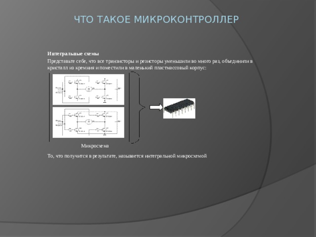 Что такое микроконтроллер Интегральные схемы Представьте себе, что все транзисторы и резисторы уменьшили во много раз, объединили в кристалл из кремния и поместили в маленький пластмассовый корпус:   То, что получится в результате, называется интегральной микросхемой Микросхема 