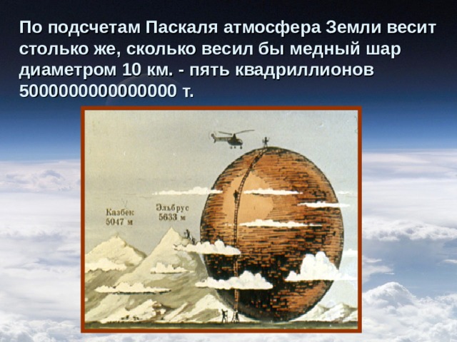 По подсчетам Паскаля атмосфера Земли весит столько же, сколько весил бы медный шар диаметром 10 км. - пять квадриллионов 5000000000000000 т. 