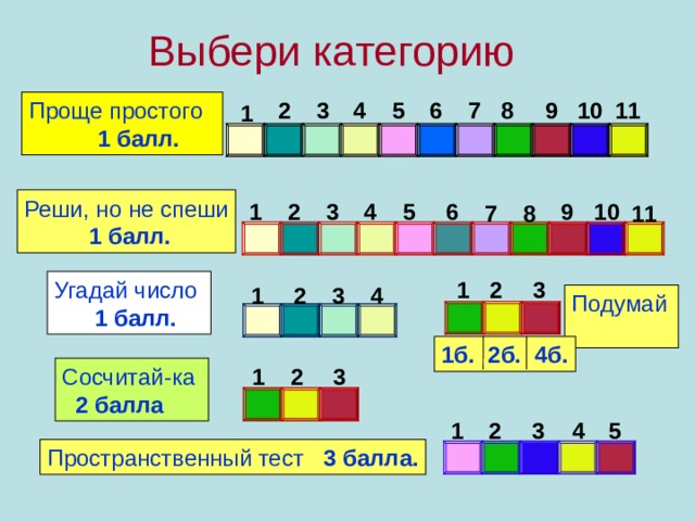 Выбери категорию 2 Проще простого  1 балл. 11 10 9 8 4 3 5 6 7 1 Реши, но не спеши  1 балл. 4 5 3 6 9 10 1 2 8 11 7 3 2 1 Угадай число  1 балл. 1 2 3 4 Подумай 1б. 2б. 4б. 3 Сосчитай-ка  2 балла 1 2 5 1 2  3  4 Пространственный тест 3 балла.  
