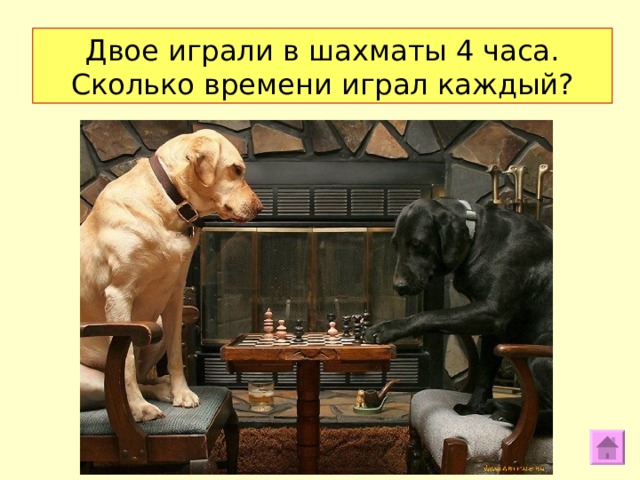 Двое играли в шахматы 4 часа. Сколько времени играл каждый? 21 