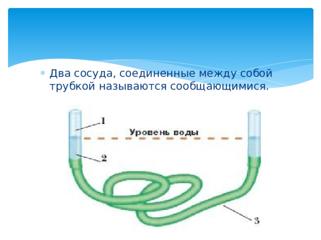 Два сосуда, соединенные между собой трубкой называются сообщающимися. 