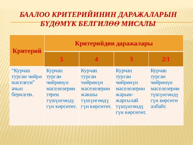 Баалоо  Жакшы иштелип чыккан баалоо критерийлери жана жана алардын даражалары окуучуларга эмнелер кандайча бааланарын айкын көрсөтөт да, ишин аткаруу учурунда багыт берип турат. Критерийлердин даражаланышы (градацияланышы) - бул көздөлгөн натыйжага жетүүнүн ар кандай деңгээлдеринин сыпаттамасы. 