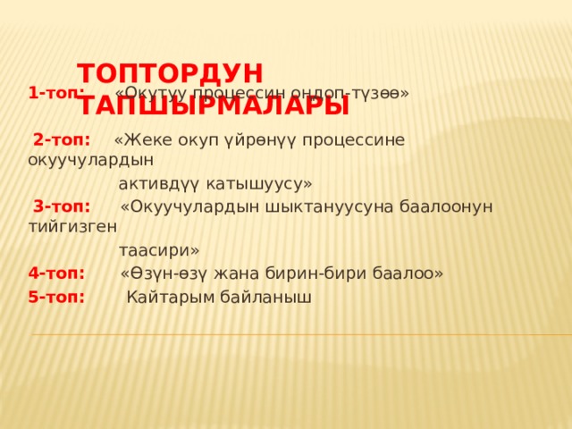 Топтордун тапшырмалары 1-топ:  «Окутуу процессин оңдоп-түзөө»  2-топ: «Жеке окуп үйрөнүү процессине окуучулардын  активдүү катышуусу»  3-топ: «Окуучулардын шыктануусуна баалоонун тийгизген  таасири» 4-топ: «Өзүн-өзү жана бирин-бири баалоо» 5-топ:  Кайтарым байланыш 