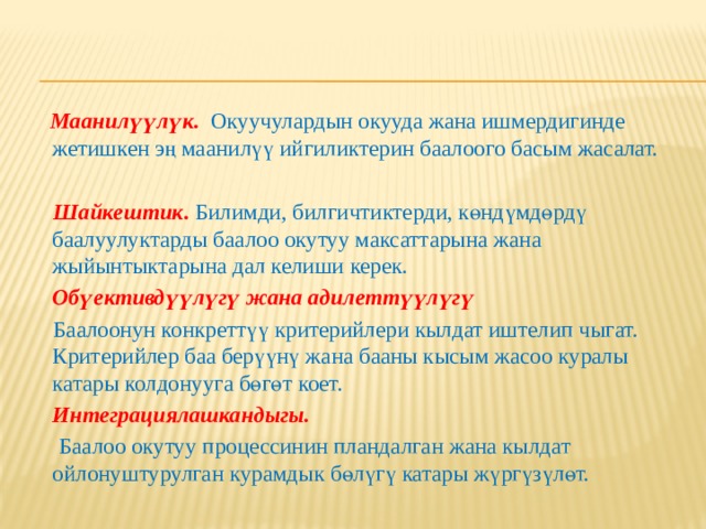  Маанилүүлүк . Окуучулардын окууда жана ишмердигинде жетишкен эң маанилүү ийгиликтерин баалоого басым жасалат.  Шайкештик . Билимди, билгичтиктерди, көндүмдөрдү баалуулуктарды баалоо окутуу максаттарына жана жыйынтыктарына дал келиши керек.  Обүективдүүлүгү жана адилеттүүлүгү  Баалоонун конкреттүү критерийлери кылдат иштелип чыгат. Критерийлер баа берүүнү жана бааны кысым жасоо куралы катары колдонууга бөгөт коет.  Интеграциялашкандыгы.  Баалоо окутуу процессинин пландалган жана кылдат ойлонуштурулган курамдык бөлүгү катары жүргүзүлөт.  