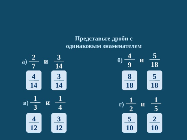 Представьте дроби с одинаковым знаменателем 5 4 3 2 б)  и а)  и 18 9 14 7 3 4 5 8 18 18 14 14 1 1 1 1 в)  и г)  и 4 3 5 2 3 4 5 2 12 12 10 10 